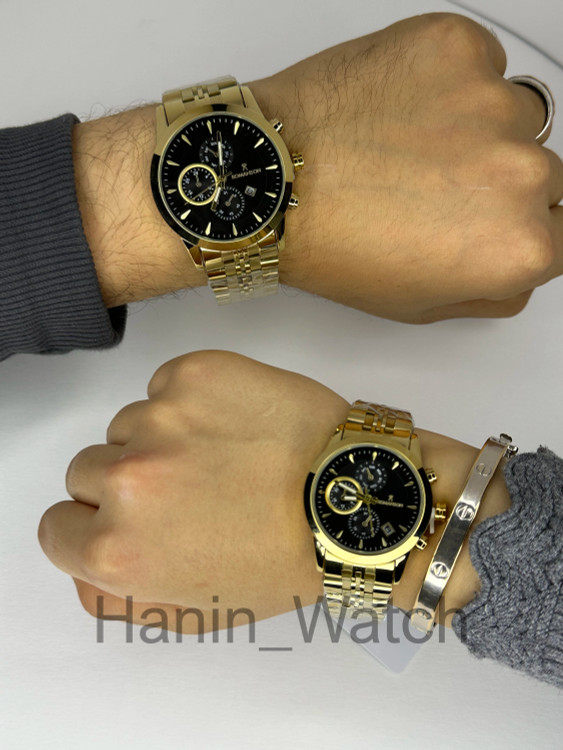 ساعت طرح کرنو ست مردانه و زنانه رومانسون طلایی صفحه مشکی