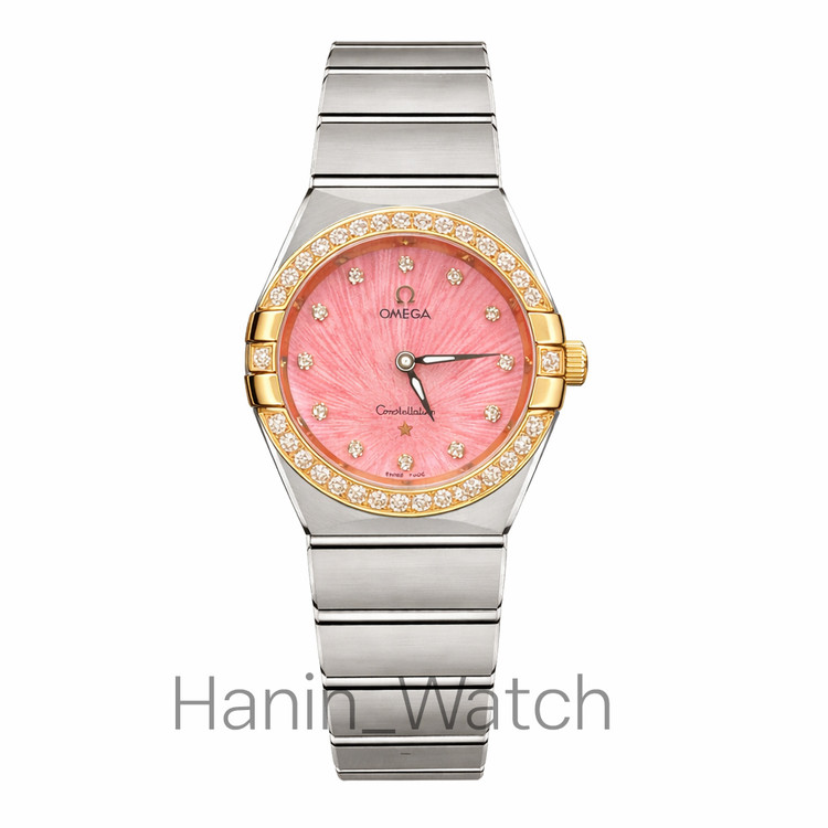 ساعت مچی امگا کانسلیشن صفحه صورتی بند استیل دورنگین